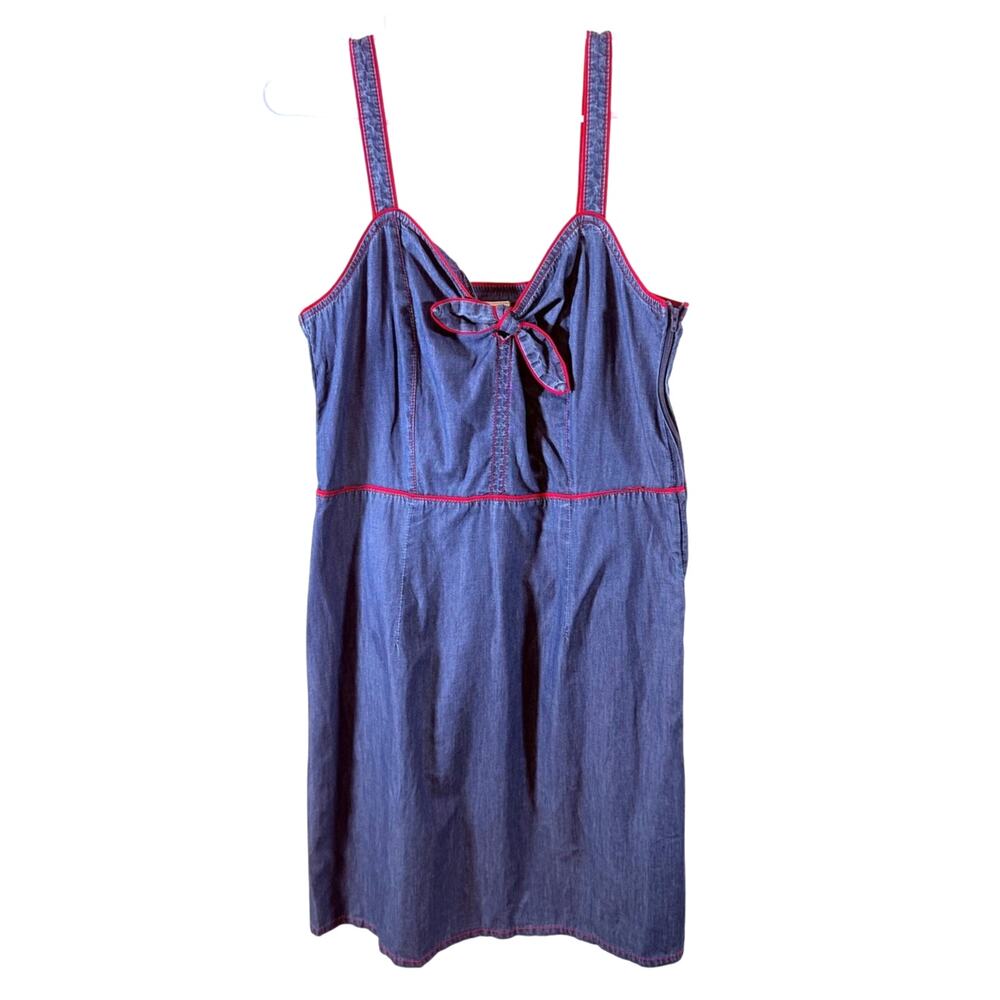 Vintage 90s 00s Y2K Navy Blue Denim Red Cotton Sleeveless Bow Tie Sundress